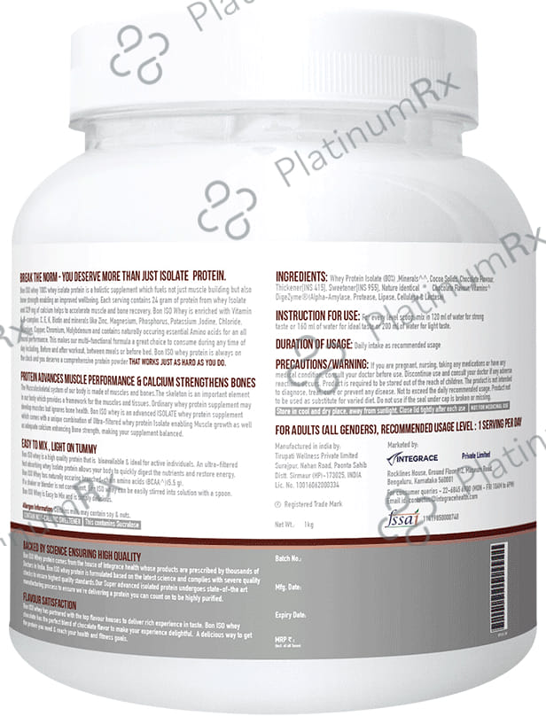 Bon ISO Whey 100% Protein Isolate Powder Dark Chocolate