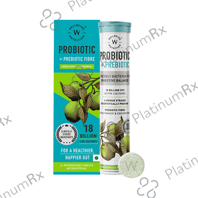 Wellbeing Nutrition Probiotic + Prebiotic Fibre with 18 Billion CFU - Effervescent Tablet for Gut Health - Flavour Green Apple & Mint 1 Bottle