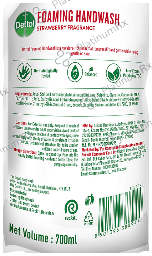 Dettol Strawberry Fragrance Refill Foaming Handwash 700ml