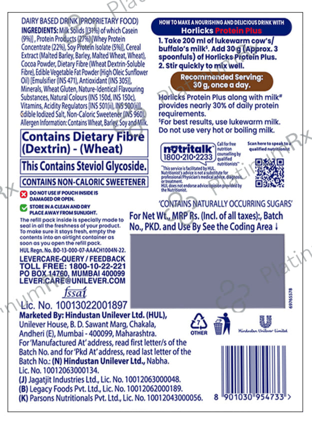 Horlicks Protein Plus with Triple Protein Blend of Soy, Whey, Casein - No Added Sugar - Flavour Chocolate