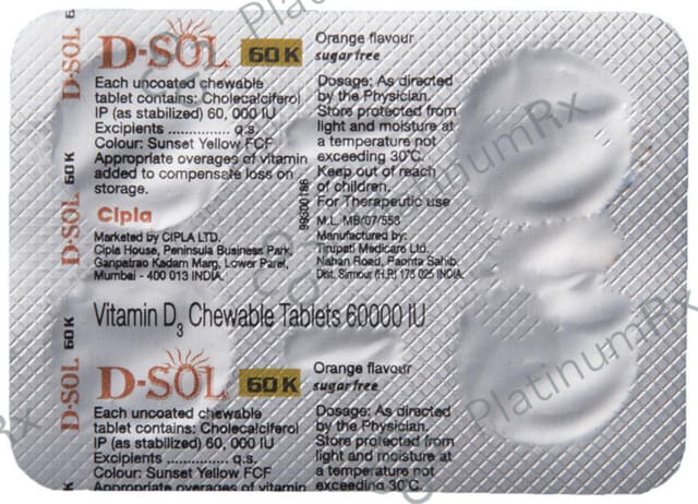 D Sol 60K Vitamin D3 Chewable Tablet Sugar Free Orange 4s