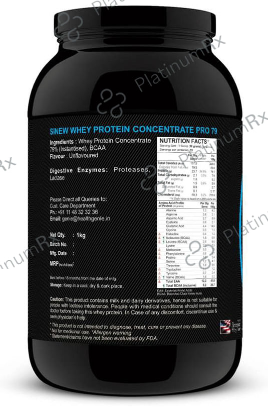 Sinew Nutrition Raw Whey Protein Concentrate Pro 79% with Digestive Enzymes Unflavoured 1 kg