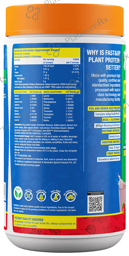 Fast&Up Plant Protein with Added Nitrate Rich Digestive EnzymeBeetroot Powder Strawberry Splash 440 gm