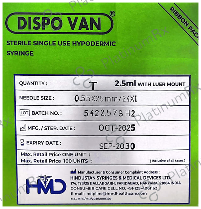 Dispovan Injection 2.5ml Syringe 24G 1s
