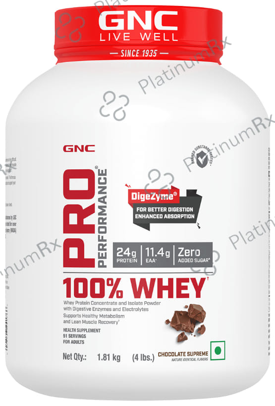 GNC Pro Performance 100% Whey Protein - With Digestive Enzymes & Electrolytes - For Metabolism & Lean Muscles Recovery - Flavour Powder Chocolate Supreme 4 lb