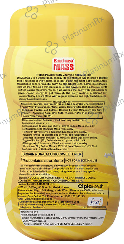 Endura Mass Weight Gainer Banana Flavour Powder 500gm