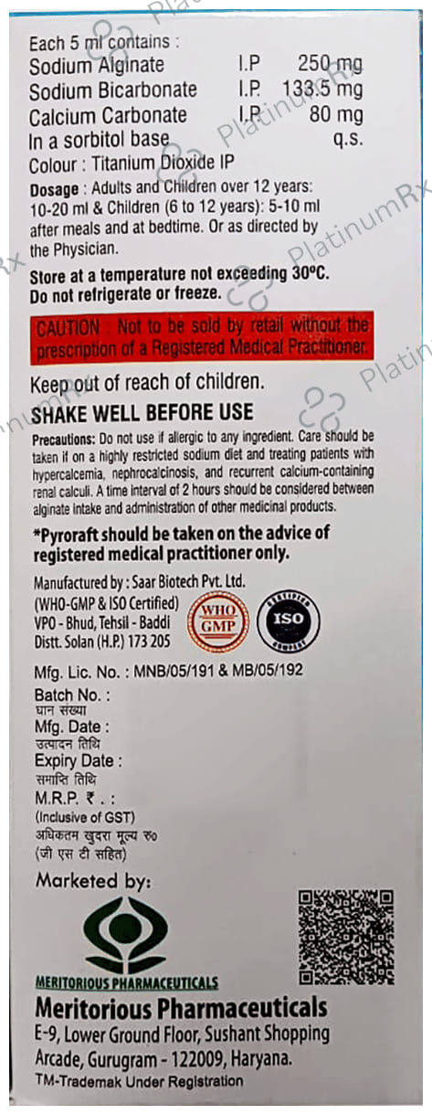 Pyroraft 80/250/133.5mg Mint Flavour Sugar Free Suspension 200ml