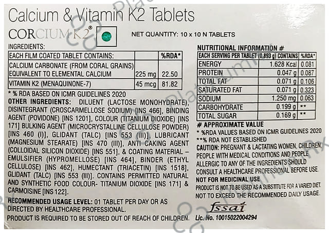 Corcium K2 225mg Tablet 10s