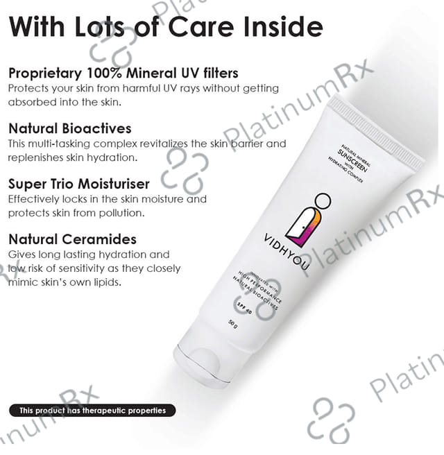 Vidhyou Natural Mineral Sunscreen with Hydrating Complex SPF 40 Lotion 50gm