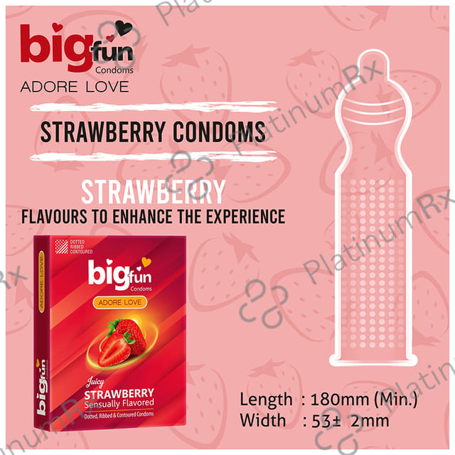 Bigfun Dotted, Ribbed & Contoured Juicy Strawberry Flavour Condom 3s