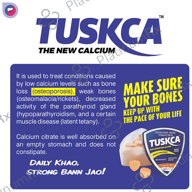 Tuskca Calcium with Vitamin D3 (500 IU) - Sugar Free - Flavour Orange Chewable Tablet