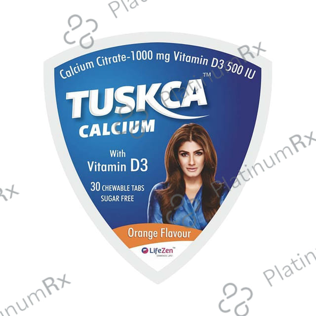 Tuskca Calcium with Vitamin D3 (500 IU) - Sugar Free - Flavour Orange Chewable Tablet