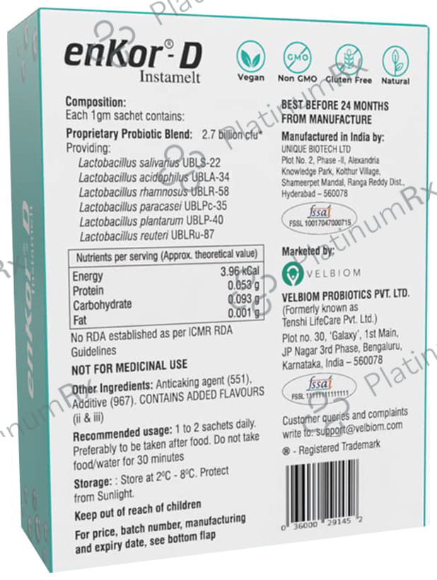 Velbiom Enkor-D Instamelt Probiotic Health Supplement for Oral Health - No Added Sugar - Flavour Mint