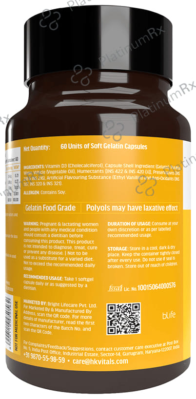 Healthkart HK Vitals Vitamin D3 Cholecalciferol 600IU Capsule 60s