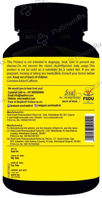 HealthVit Fitness Caffeine for Energy, Metabolism & Endurance - 100mg Tablet