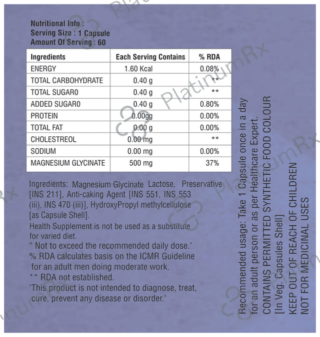 Nutrigrow Magnesium Glycinate 500mg for Muscles, Heart & Anxiety Relief - Capsule