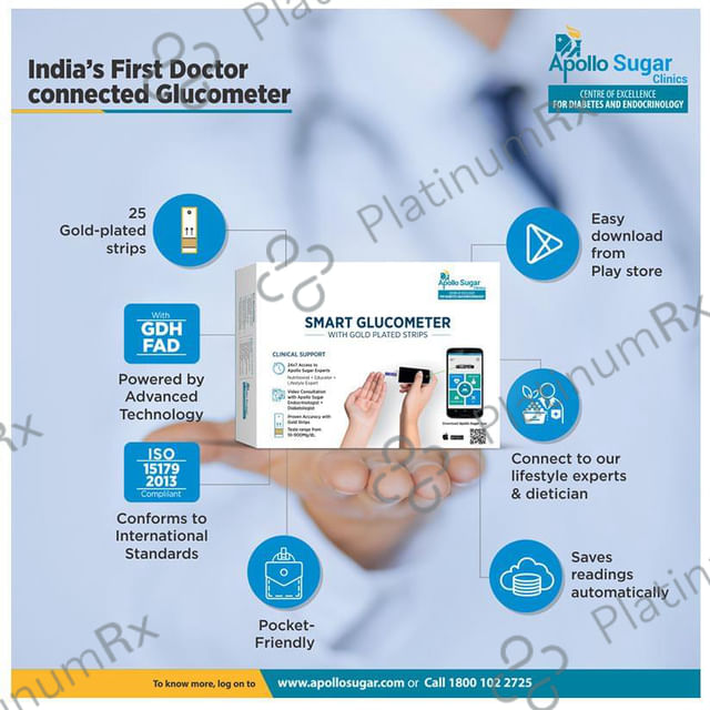 Apollo Sugar Glucome Glucometer + Glucome Strips (25s Pack) + 1 Video Doctor Consultation
