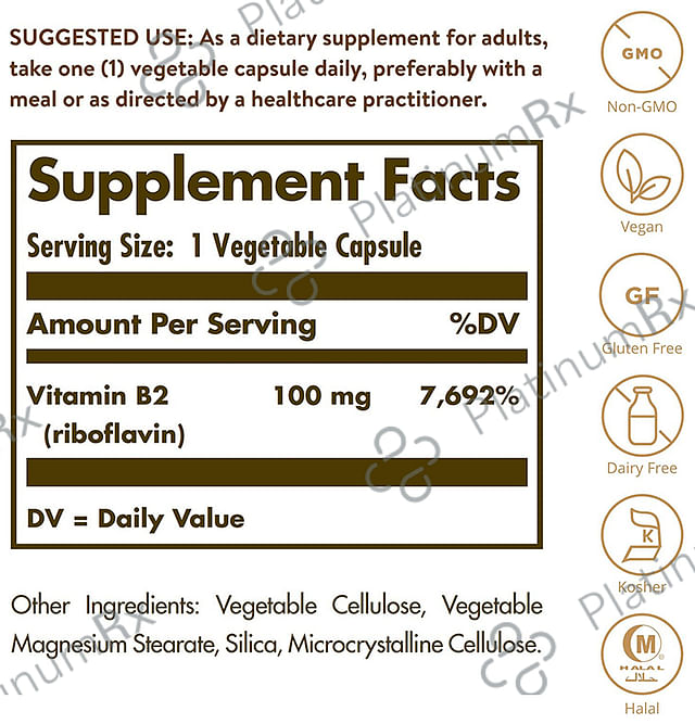 Solgar Vitamin B2 (Riboflavin) 100mg Vegetable Capsule