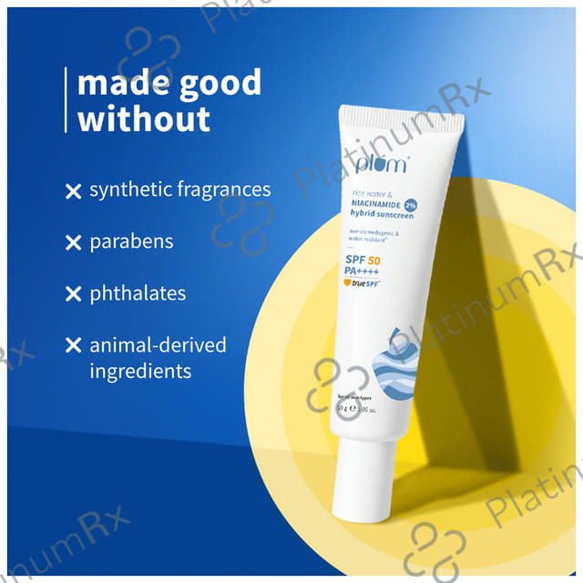 Plum 2% Niacinamide & Rice Water Hybrid Face Sunscreen SPF 50 PA+++ Cream 50 gm