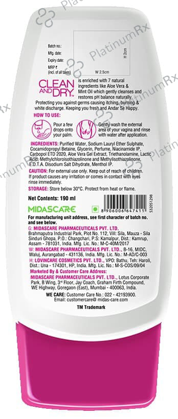 Clean and Dry Women's Daily Intimate Wash - Restores pH Balance 190 ml