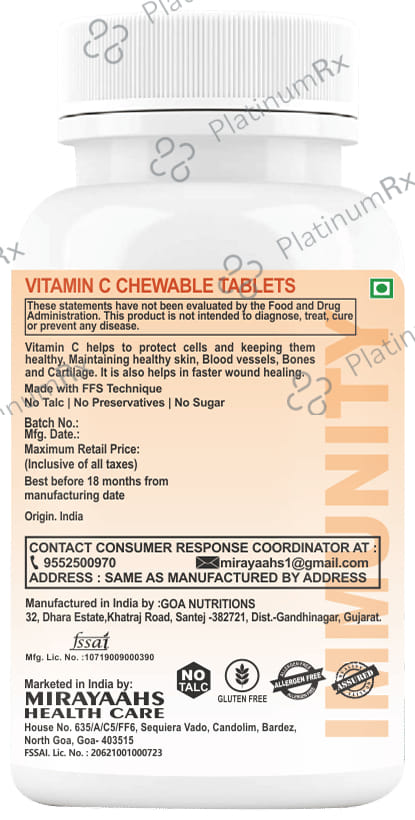 Mirayaahs Vitamin C Chewable Orange Flavour Tablet 60s