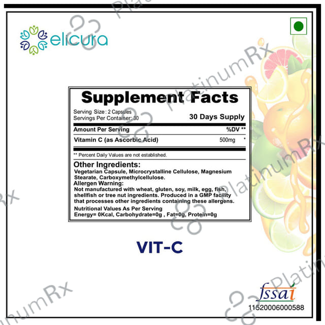 Elicura Essential Vit C 500mg Ascorbic Acid Vegetarian Capsule 60s