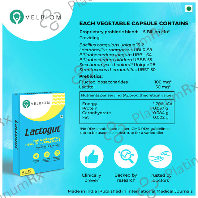Velbiom Lactogut Pre & Probiotic Health Supplement Vegetable Capsule