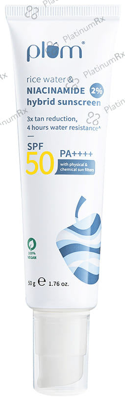 Plum 2% Niacinamide & Rice Water Hybrid Face Sunscreen SPF 50 PA+++ Cream 50 gm