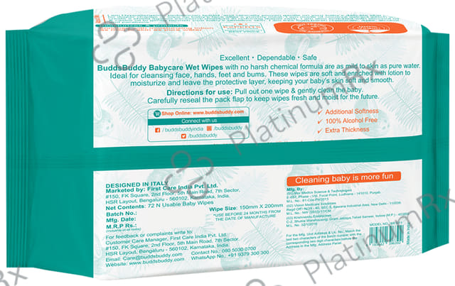 Buddsbuddy India's 1st Coconut Based Skincare Baby Wet Wipes (72 Each) 1 Pack