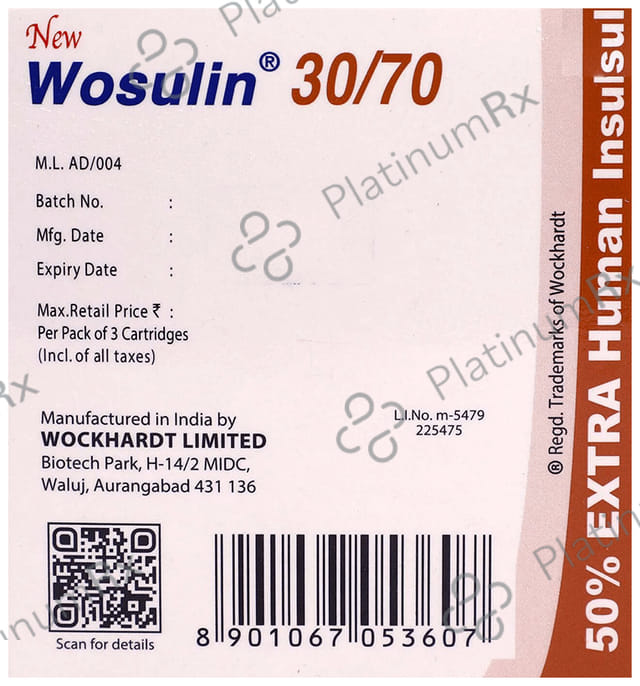 New Wosulin 30/70 (100 IU/ml) Refill Cartridge / Injection 3X3ml