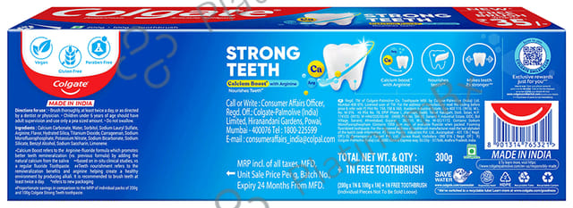 Colgate Strong Teeth Anticavity Toothpaste (1 Tube of 200gm & 1 Tube of 100gm) with Toothbrush Free