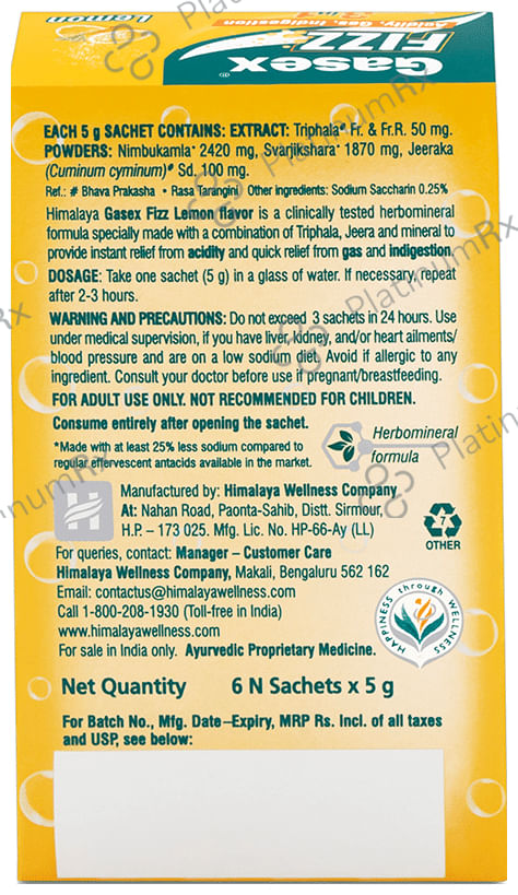 Himalaya Gasex Fizz - - Digestive Wellness- Provides Relief from Acidity & Gas (5gm Each) Lemon 6 Sachets
