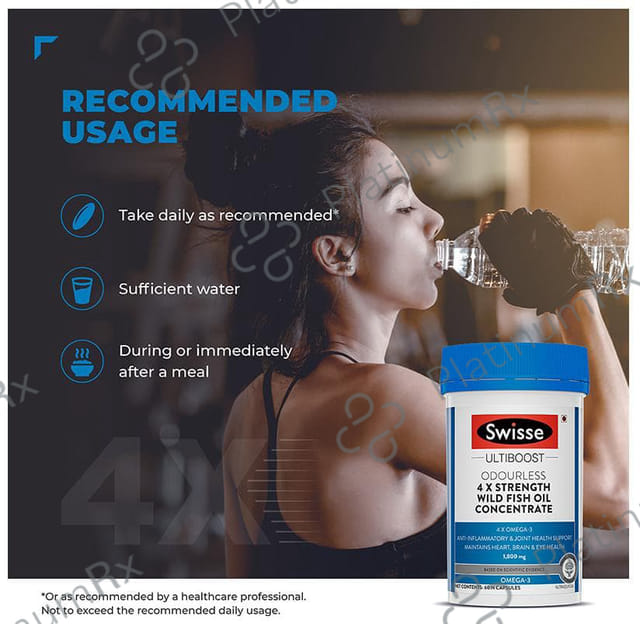 Swisse Ultiboost Odourless 4X Strength Wild Fish Oil - With 1800mg Omega 3 for Joints, Heart, Brain & Eyes - Capsule