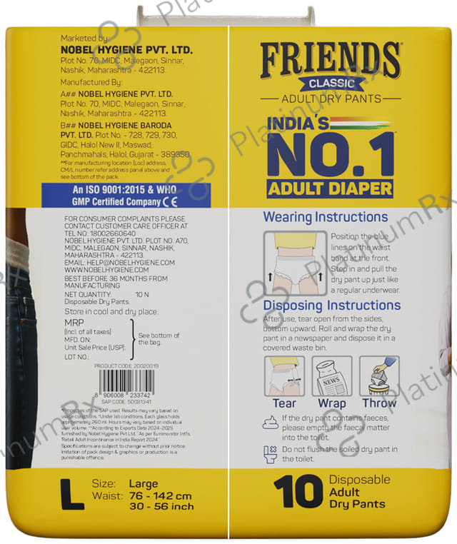 Friends Classic Anti Bacterial & Anti Rash Adult Unisex Dry Pants Large diapers 10s