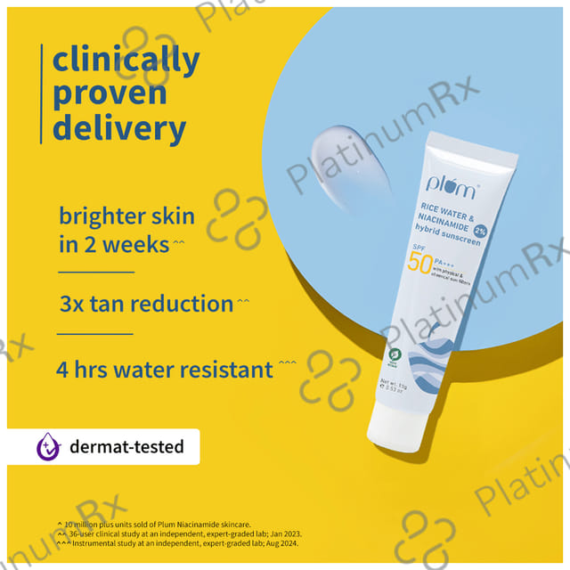 Plum 2% Niacinamide & Rice Water Hybrid Face Sunscreen SPF 50 PA+++ Cream 15 gm