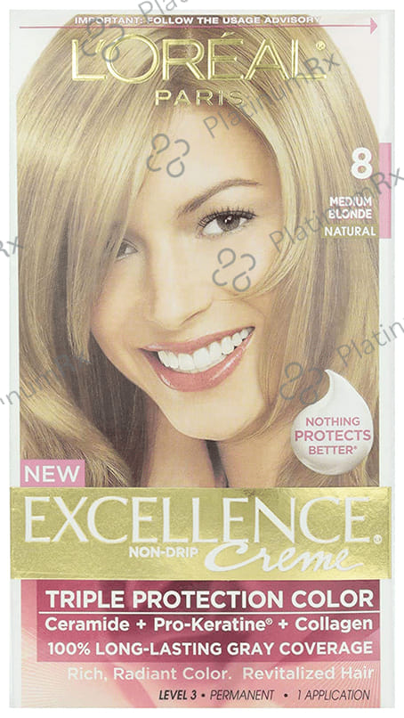 Loreal Paris Excellence Non- Drip Creme Triple Protection Color 8 Medium Blonde Natural