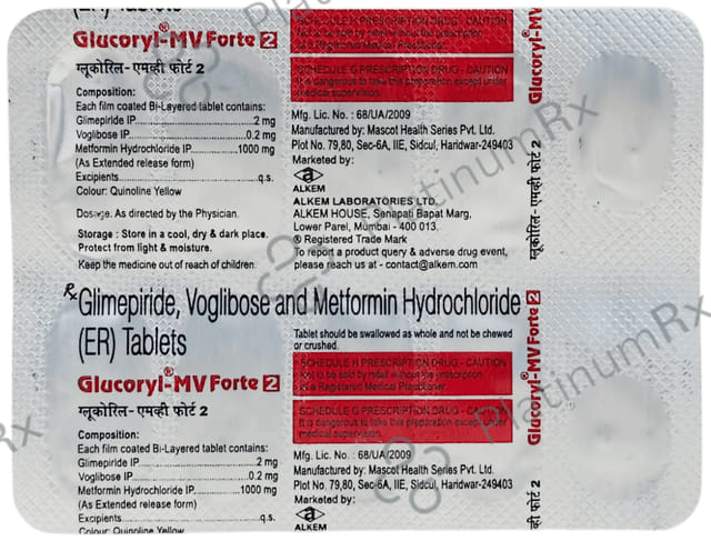Glucoryl MV Forte 2/1000/0.2mg Tablet ER 10s