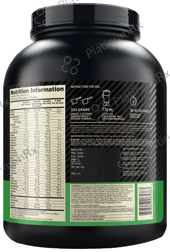 Optimum Nutrition (ON) Serious Mass High Protein for Weight Gain & Muscle Building - Flavour Powder Chocolate 6 lb