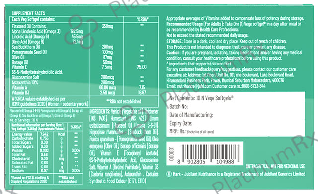 Jubilant Nutrihance Multi Omega 3-5-6-7-9 - Vegetarian Softgel for Heart, Renal & Nerve Health 10 Soft Gelatin Capsule