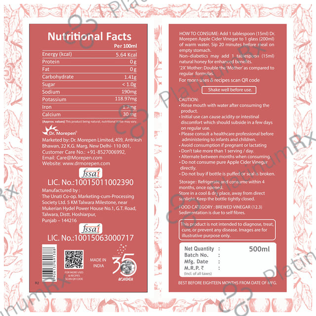 Dr. Morepen Apple Cider Vinegar ACV with 2X 'Mother' - For Weight Management & Digestion