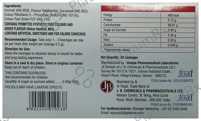 Aquazyl Isomalt Lozenges Sugar Free Mint 15s