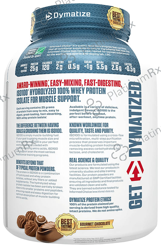 Dymatize Nutrition ISO 100 Hydrolyzed 100% Whey Protein Isloate Powder Gourmet Chocolate 5 lb