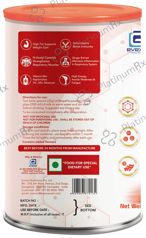 Evexia RespaPro Vanilla Flavour Powder 200gm