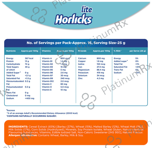 Horlicks Lite with Antioxidant Nutrients, Protein & No Added Sugar for Stamina, Bones, Immunity & Growth Powder Badam