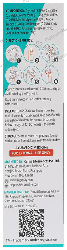 Migspray Instant Migraine Headache Pain Relief, Ayurvedic Nasal Spray with Plant Extracts (15ml Each) 1 Bottle