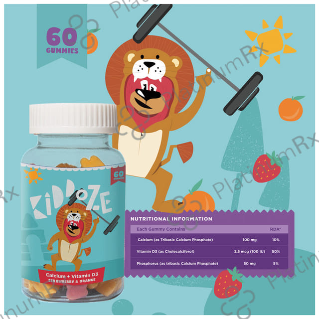 Kiddoze Calcium + Vitamin D3 Gummies Strawberry & Orange Flavour 60s
