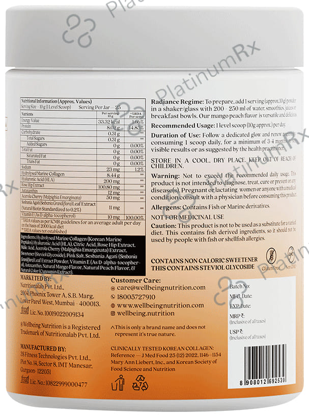 Wellbeing Nutrition Beauty Collagen Type I & III for Skin, Nails, Hair & Anti-Ageing Support Mango Peach
