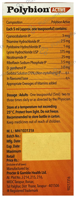 Polybion Active Sugar Free Mango Flavour Syrup 150ml