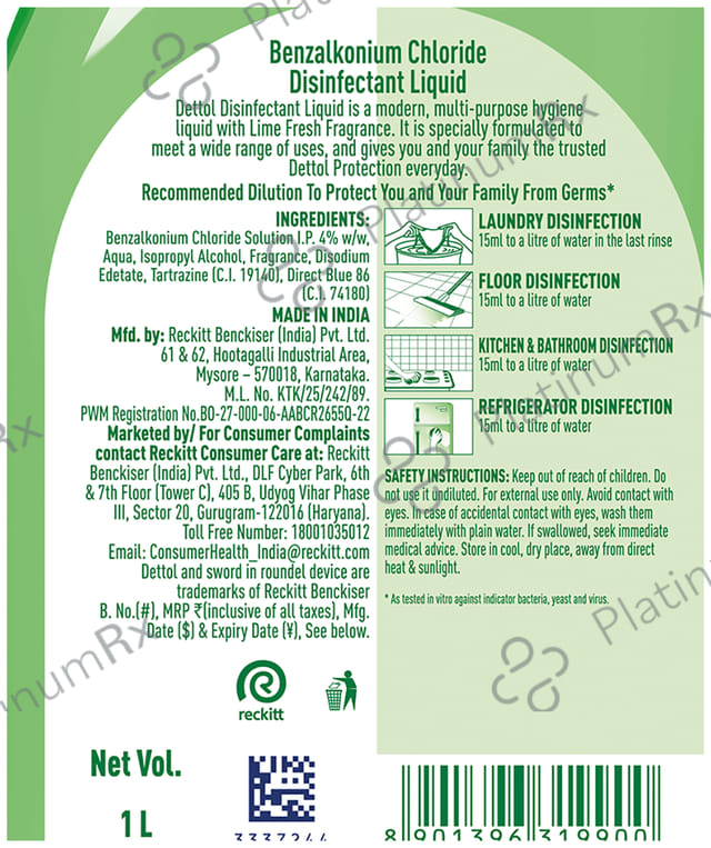 Dettol Multi Purpose Disinfectant Lime Fresh Liquid 1Ltr