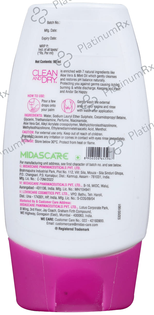 Clean and Dry Women's Daily Intimate Wash - Restores pH Balance 90 ml